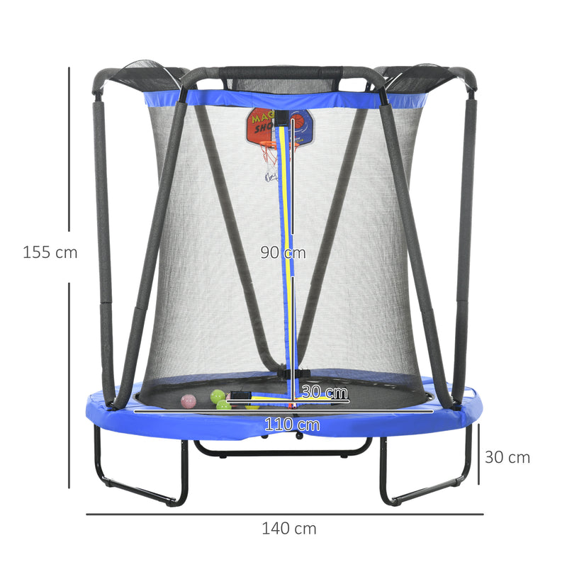 Trampolim Infantil Ø140x155 cm Trampolim para Crianças de 3-10 Anos com Rede de Segurança Cesta de Basquetebol e 20 Bolas de Plástico para Interior Azul