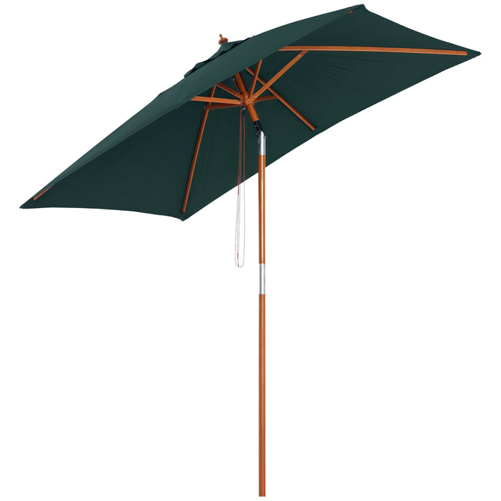 Chapéu de Sol de Jardim 200x150x230cm Chapéu de Sol Retangular Inclinável com Polia Duplo Teto e Mastro Desmontável de Madeira para Terraço Pátio Verde