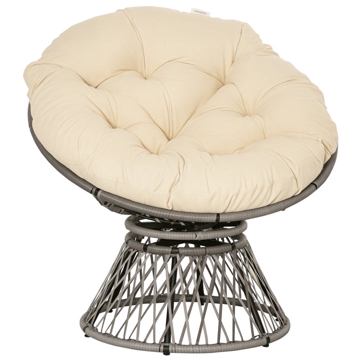 Poltrona Papasan Giratória de Vime Sintético Poltrona de Vime PE com Almofada e Estrutura de Aço Carga 160 kg para Jardim Terraço Pátio 87x97x90 cm Cinza e Creme