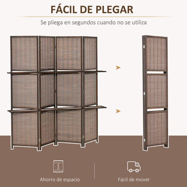 Biombo de 4 Painéis de Bambú Separador de Ambientes Dobrável com 2 Prateleiras Removíveis para Dormitório 180x180cm Marrom