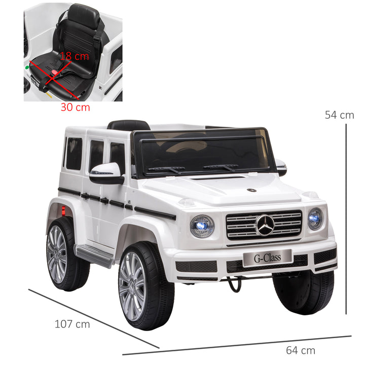 Carro Elétrico para Crianças acima de 3 Anos BENZ G500 Todo-o-Terreno com Bateria 12V Veículo Elétrico com Controlo Remoto Música Buzina Velocidade 3-5 km/h Carga 30 kg Branco