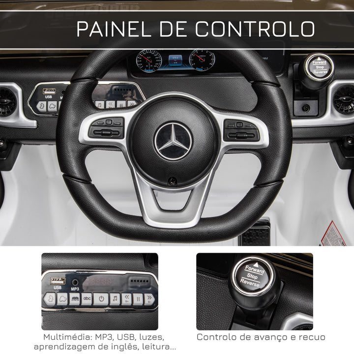 Carro Elétrico para Crianças acima de 3 Anos BENZ G500 Todo-o-Terreno com Bateria 12V Veículo Elétrico com Controlo Remoto Música Buzina Velocidade 3-5 km/h Carga 30 kg Branco