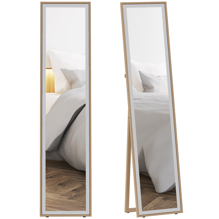 Espelho de Pé 157x37 cm com Moldura em MDF Espelho de Parede Retangular para Pendurar com Suporte 2 Formas de Utilização para Sala de Estar Entrada e Quarto Madeira e Prata