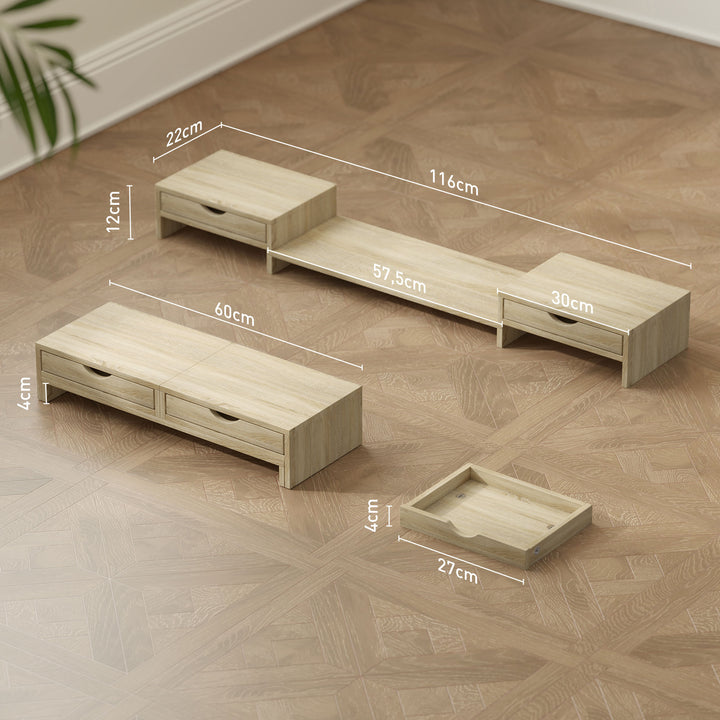 Suporte para Monitor com Ângulo e Comprimento Ajustável Suporte para Monitor com 2 Gavetas para Escritório Suporte para Monitor Portátil 60-116x22x12 cm Madeira