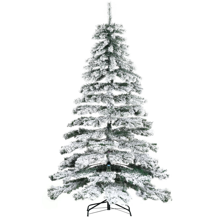 Árvore de Natal Ø140x225cm Neve Artificial com 1083 Pontas de PVC Base Dobrável e Suporte de Metal Decoração de Natal para Interiores Verde e Branco
