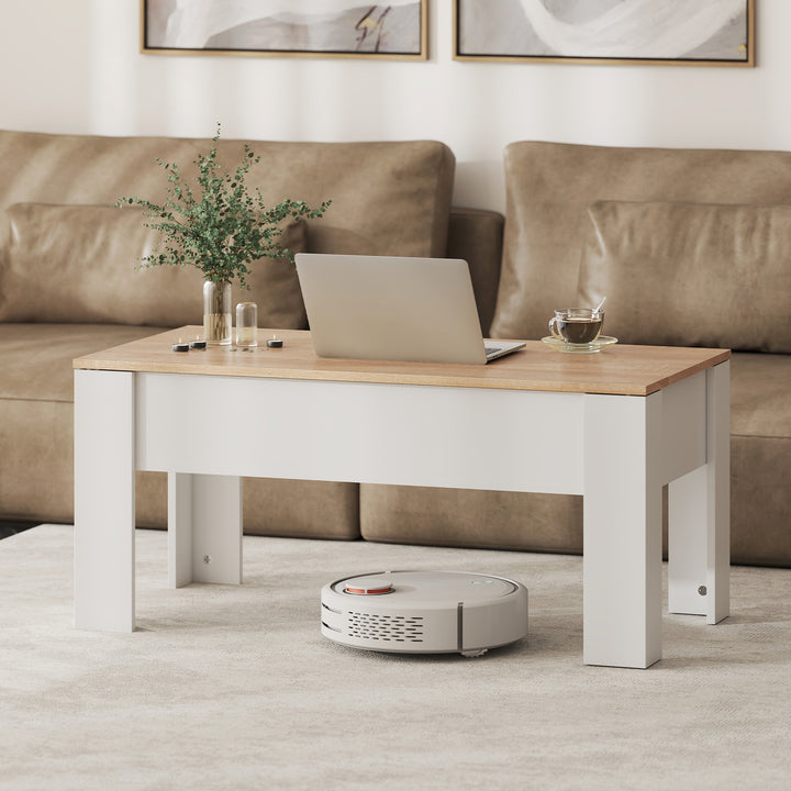 Mesa de Centro com Bancada Elevatória Mesa de Café com Compartimento Aberto e Oculto 100x50x45-58,5 cm Branco e Madeira