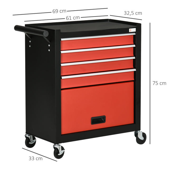 Carro de Ferramentas Móvel com Rodas 4 Gavetas Compartimento de Armazenamento e Alça Lateral Carga 130kg para Garagem Oficina 69x33x75cm Preto e Vermelho