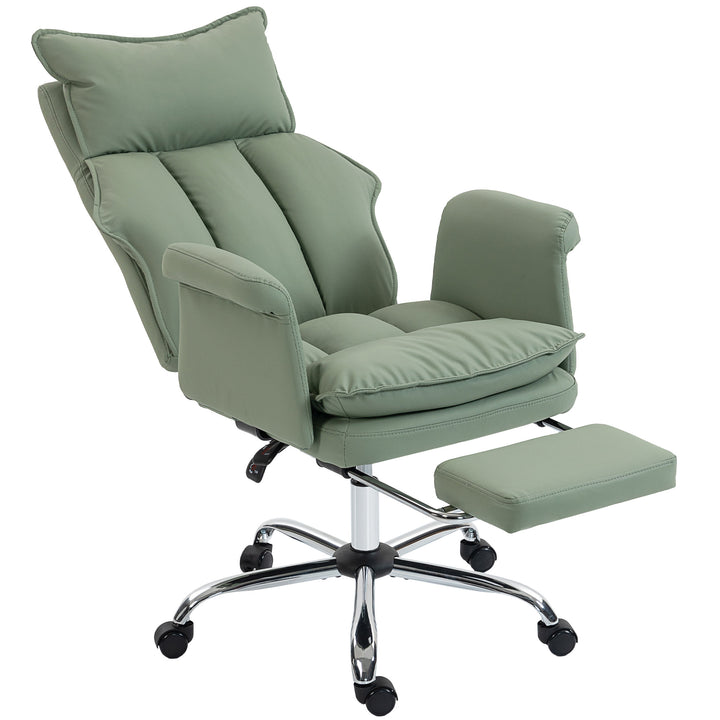 Cadeira de Secretária com Apoio para os Pés Cadeira de Escritório Giratória com Encosto Reclinável e Alto Acolchoado Espesso Estofada em Couro Sintético Suporte Lombar Altura Ajustável Rodas Verde