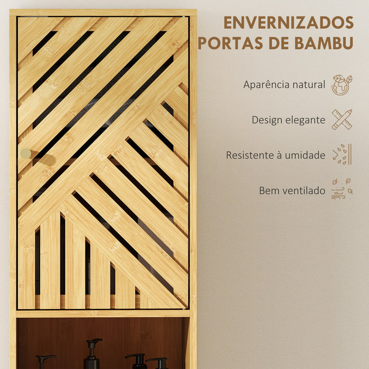 Coluna de Casa de Banho Estreita Armário de Casa de Banho Alto com Portas e Pés de Bambu Prateleiras Ajustáveis Compartimento Aberto 32x30x170 cm Madeira