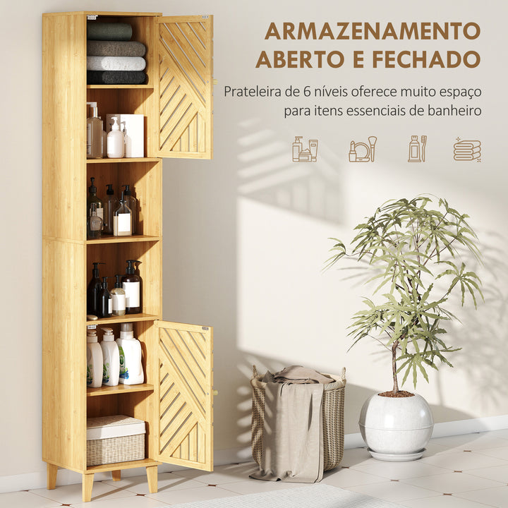 Coluna de Casa de Banho Estreita Armário de Casa de Banho Alto com Portas e Pés de Bambu Prateleiras Ajustáveis Compartimento Aberto 32x30x170 cm Madeira