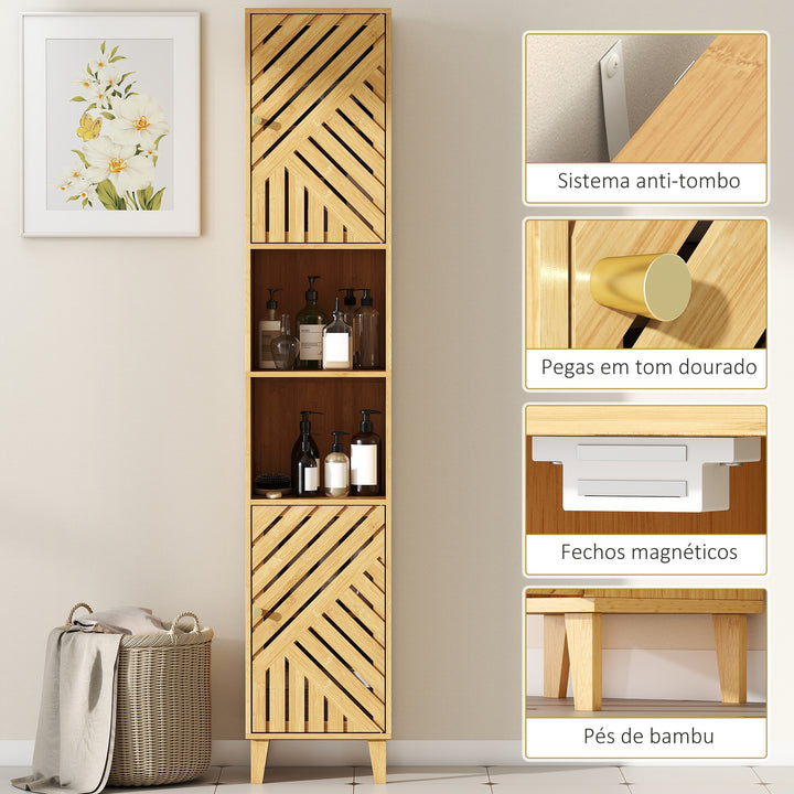Coluna de Casa de Banho Estreita Armário de Casa de Banho Alto com Portas e Pés de Bambu Prateleiras Ajustáveis Compartimento Aberto 32x30x170 cm Madeira
