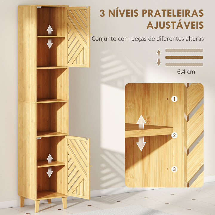 Coluna de Casa de Banho Estreita Armário de Casa de Banho Alto com Portas e Pés de Bambu Prateleiras Ajustáveis Compartimento Aberto 32x30x170 cm Madeira