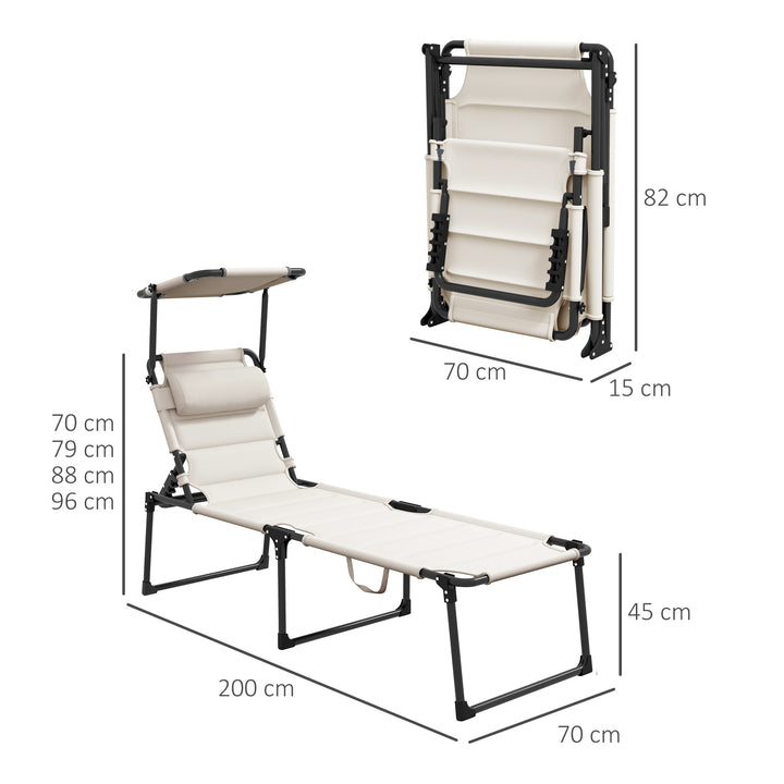 Espreguiçadeira Dobrável Espreguiçadeira de Jardim com Toldo Ajustável Encosto Regulável em 4 Níveis e Apoio de Cabeça para Jardim Terraço Piscina 70x200x45 cm Creme