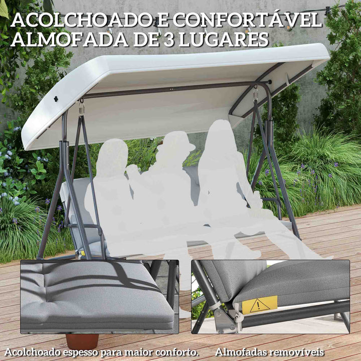 Baloiço de Jardim Exterior de 3 Lugares Baloiço com Toldo Ajustável e Estrutura em Aço para Varanda, Terraço Pátio, Capacidade 210 kg 172x110x156 cm Cinzento Claro