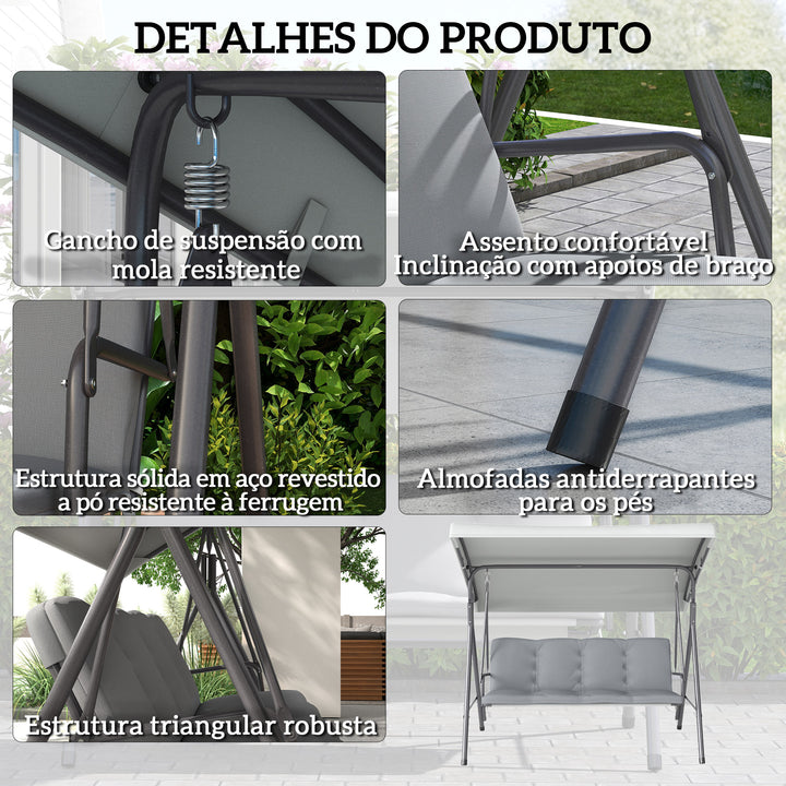 Baloiço de Jardim Exterior de 3 Lugares Baloiço com Toldo Ajustável e Estrutura em Aço para Varanda, Terraço Pátio, Capacidade 210 kg 172x110x156 cm Cinzento Claro
