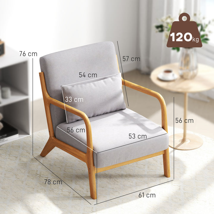 Poltrona Sala de Estar Nórdica Poltrona Individual Acolchoada com Apoio para os Braços e Estrutura de Madeira de Borracha para Dormitório Carga 120 kg 61x78x76 cm Cinza