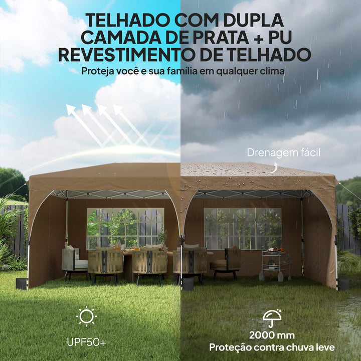 Tenda Dobrável 6x3 m Pop-up com 4 Laterais Amovíveis Tenda de Jardim com Faixas Refletoras Altura Ajustável Sistema Central de Bloqueio UPF50+ Impermeável Bolsa de Transporte Bege