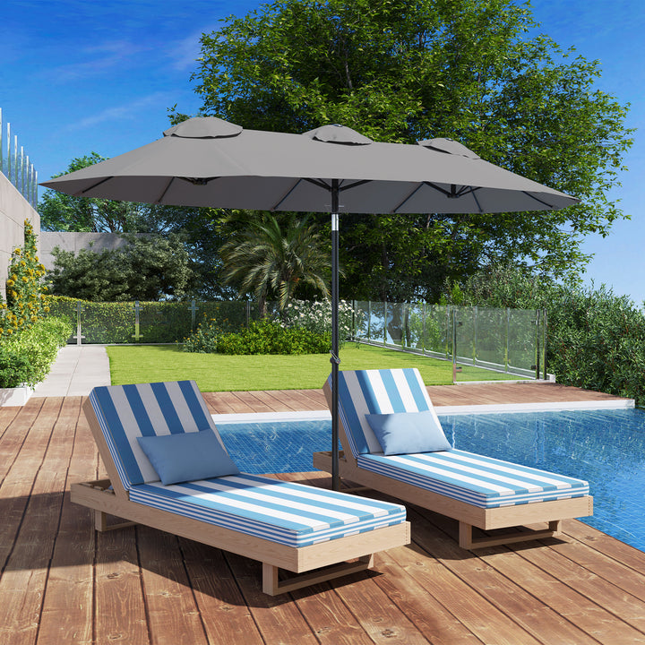 Chapéu de Sol Duplo 285x147x227cm Chapéu de Sol de Jardim com Inclinação de 45° Manivela Estrutura de Aço para Pátio Varanda Piscina Cinza