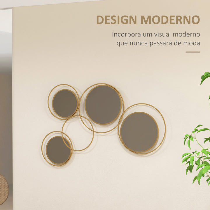 Espelho Decorativo de Parede em Metal 3D Decoração de Parede Metálica com 4 Espelhos Redondos para Sala Quarto Corredor 110x68 cm Dourado