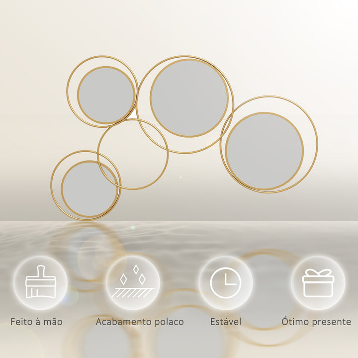 Espelho Decorativo de Parede em Metal 3D Decoração de Parede Metálica com 4 Espelhos Redondos para Sala Quarto Corredor 110x68 cm Dourado