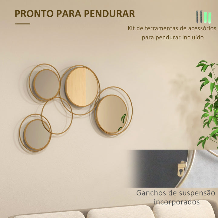 Espelho Decorativo de Parede em Metal 3D Decoração de Parede Metálica com 4 Espelhos Redondos para Sala Quarto Corredor 110x68 cm Dourado