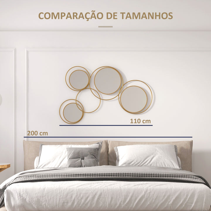 Espelho Decorativo de Parede em Metal 3D Decoração de Parede Metálica com 4 Espelhos Redondos para Sala Quarto Corredor 110x68 cm Dourado