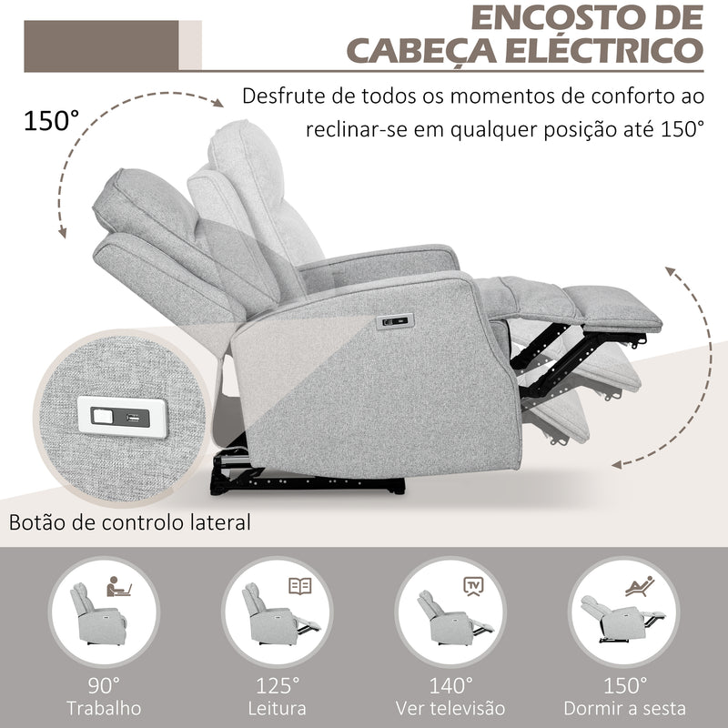 Poltrona Reclinável Elétrica Sofá Relax para Sala com Reclinação até 150° Apoio de Braços e USB Capacidade 136 kg Poltrona Reclinável para Sala Escritório Quarto 84x92x104 cm Cinza