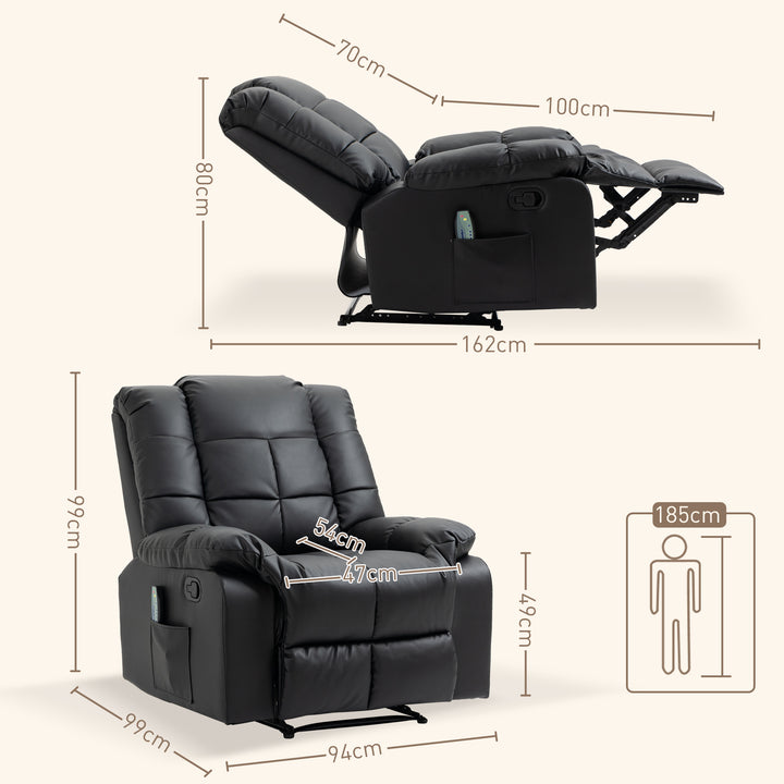Poltrona de Massagem Poltrona Relax Reclinável com 8 Pontos de Massagem Controlo Remoto Estofada em PU Apoio para Pés Bolso Lateral Poltrona para Sala de Estar Quarto 94x99x99 cm Preto