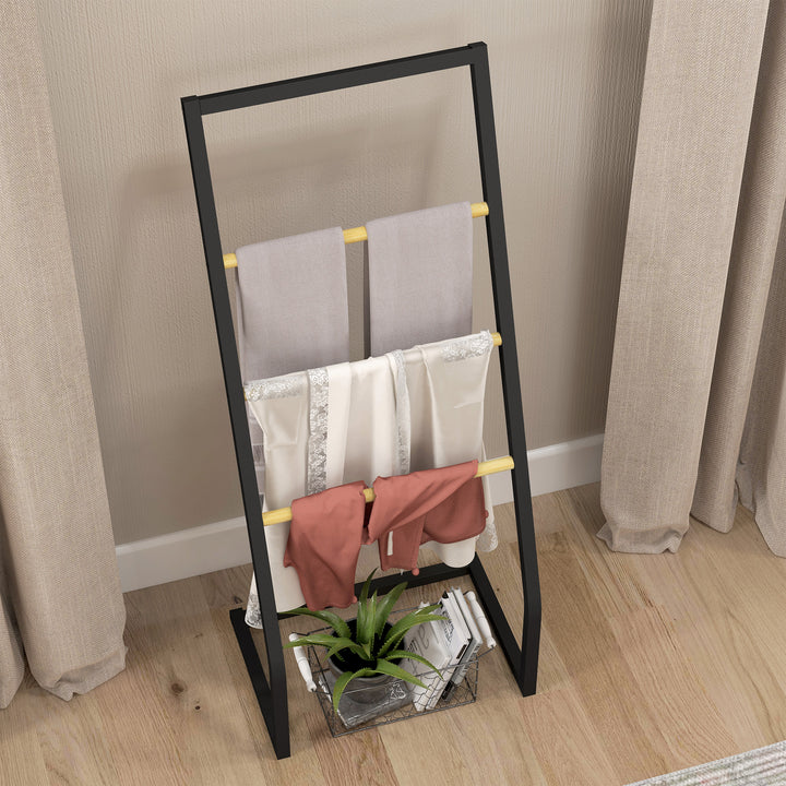 Toalheiro de Pé para Casa de Banho com 4 Barras em Bambu e Aço 40,5x28x98 cm Preto e Madeira