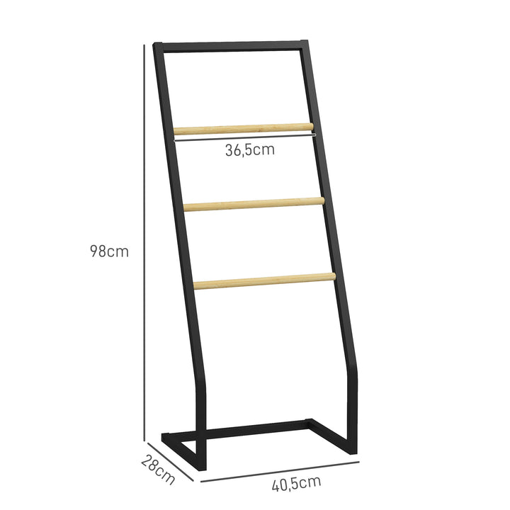 Toalheiro de Pé para Casa de Banho com 4 Barras em Bambu e Aço 40,5x28x98 cm Preto e Madeira