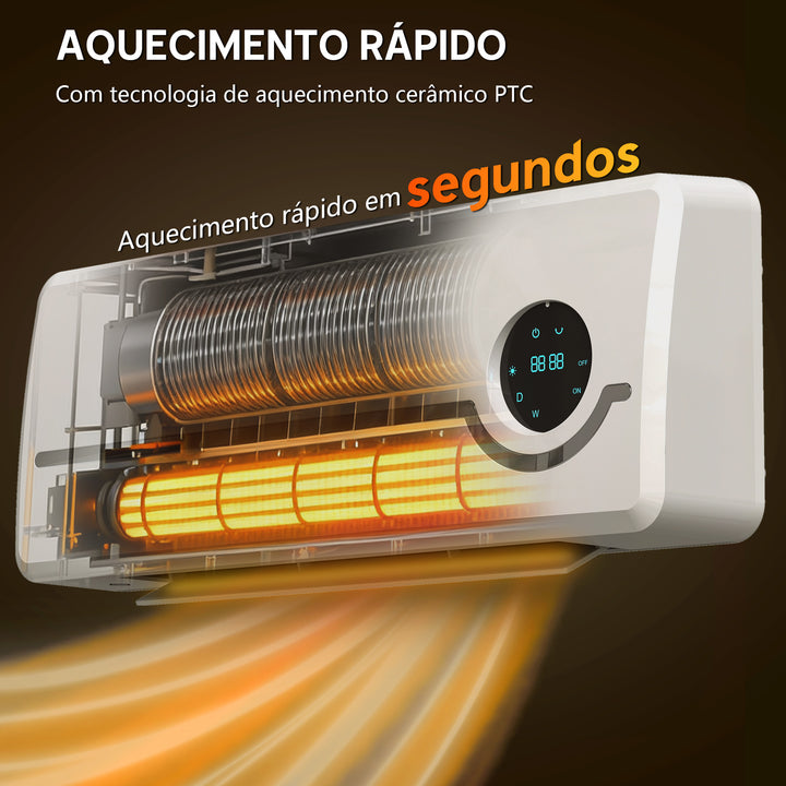 Aquecedor Elétrico de Parede de Baixo Consumo Cerâmico 2000W com 3 Modos Ecrã LED Termostato Regulável Temporizador 24h Oscilação Controlo Remoto e Deteção de Janelas Abertas