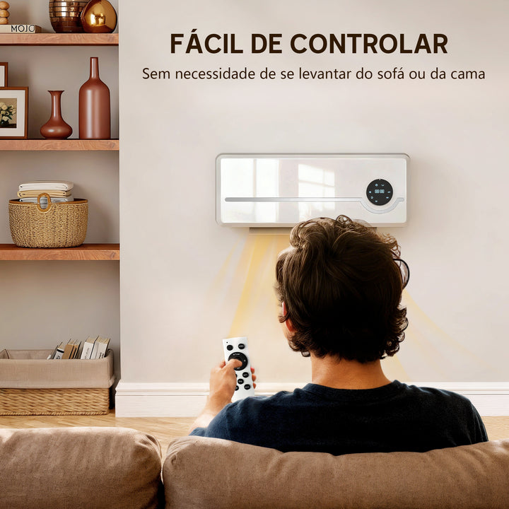 Aquecedor Elétrico de Parede de Baixo Consumo Cerâmico 2000W com 3 Modos Ecrã LED Termostato Regulável Temporizador 24h Oscilação Controlo Remoto e Deteção de Janelas Abertas