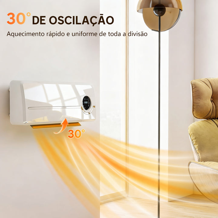 Aquecedor Elétrico de Parede de Baixo Consumo Cerâmico 2000W com 3 Modos Ecrã LED Termostato Regulável Temporizador 24h Oscilação Controlo Remoto e Deteção de Janelas Abertas