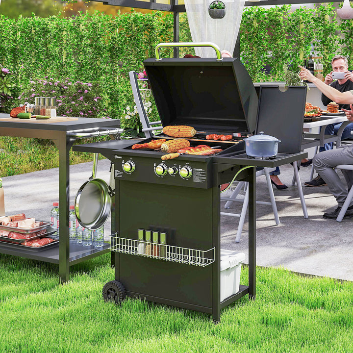 Barbecue a Gás com 3+1 Queimadores 8,5 kW Barbecue Portátil com Termómetro Mesa Lateral Grelha Recolhedor de Gordura 2 Rodas para Jardim Exterior Campismo 123x57x98 cm Preto