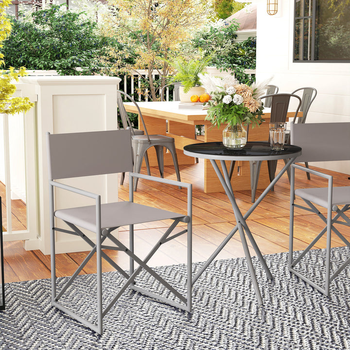 Conjunto de Móveis de Jardim de 3 Peças Conjunto de Móveis de Varanda com 2 Cadeiras Dobráveis Mesa com Bancada em Vidro Temperado e Estrutura de Aço para Pátio Exterior Cinza Escuro