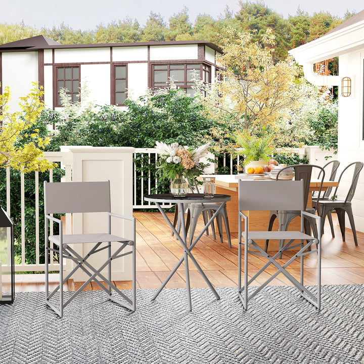 Conjunto de Móveis de Jardim de 3 Peças Conjunto de Móveis de Varanda com 2 Cadeiras Dobráveis Mesa com Bancada em Vidro Temperado e Estrutura de Aço para Pátio Exterior Cinza Escuro