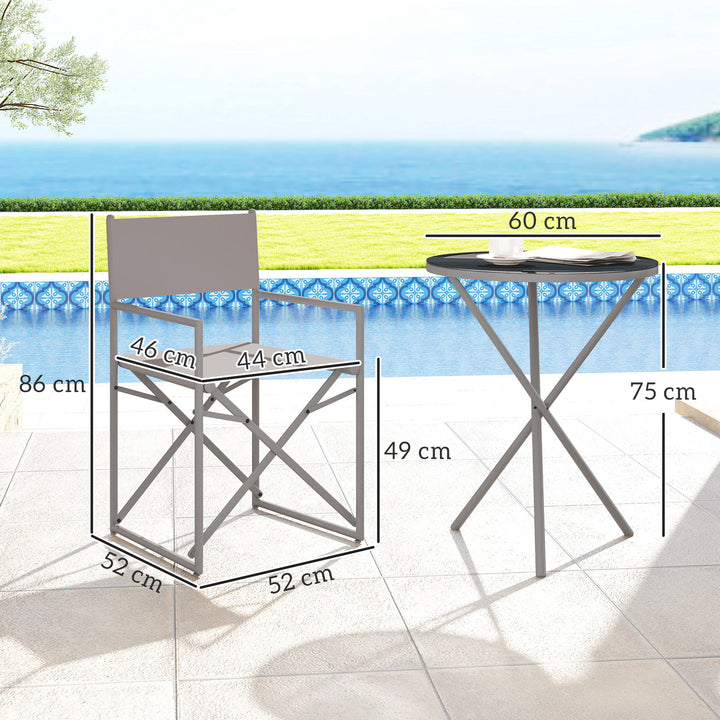 Conjunto de Móveis de Jardim de 3 Peças Conjunto de Móveis de Varanda com 2 Cadeiras Dobráveis Mesa com Bancada em Vidro Temperado e Estrutura de Aço para Pátio Exterior Cinza Escuro