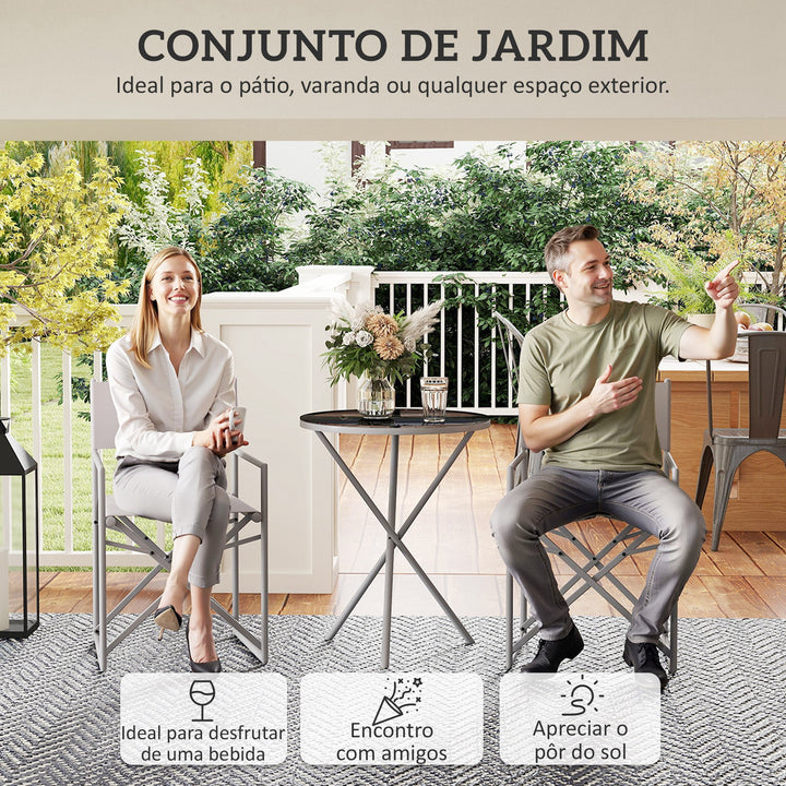 Conjunto de Móveis de Jardim de 3 Peças Conjunto de Móveis de Varanda com 2 Cadeiras Dobráveis Mesa com Bancada em Vidro Temperado e Estrutura de Aço para Pátio Exterior Cinza Escuro