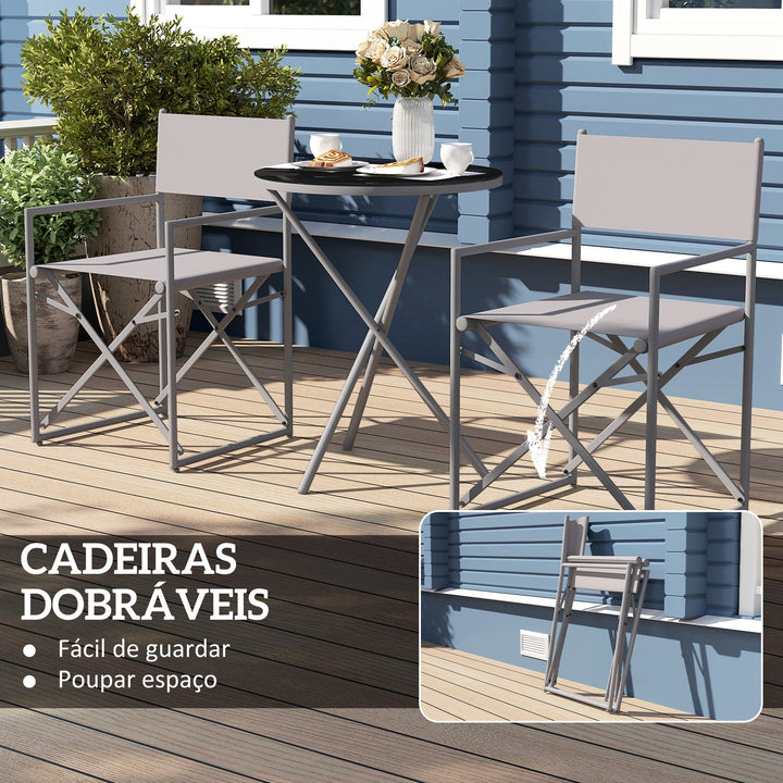Conjunto de Móveis de Jardim de 3 Peças Conjunto de Móveis de Varanda com 2 Cadeiras Dobráveis Mesa com Bancada em Vidro Temperado e Estrutura de Aço para Pátio Exterior Cinza Escuro