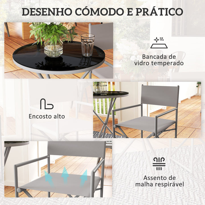 Conjunto de Móveis de Jardim de 3 Peças Conjunto de Móveis de Varanda com 2 Cadeiras Dobráveis Mesa com Bancada em Vidro Temperado e Estrutura de Aço para Pátio Exterior Cinza Escuro