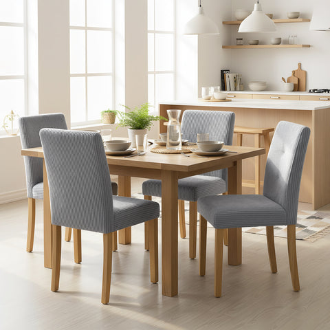 Conjunto de 4 Cadeiras de Jantar Modernas Encosto Alto Estofadas em Tecido Canelado Tipo Veludo Assento Acolchoado Pernas de Madeira 44x56x90 cm Cinzento