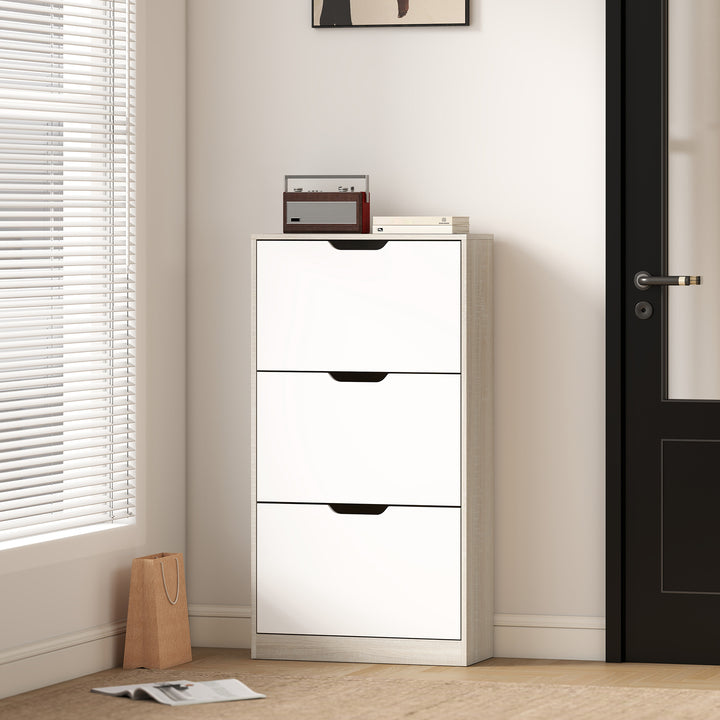 Sapateira de Madeira com 3 Compartimentos Abatíveis e Prateleiras de Armazenamento com Capacidade para 12 Pares de Sapatos para Entrada Corredor Dormitório 62,5x26x117,5 cm Branco e Madeira