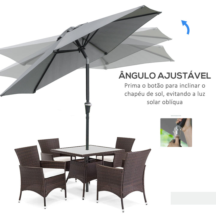 Chapéu de Sol de Jardim Ø230x216 cm Chapéu de Sol de Terraço com Teto Ajustável Abertura Manual Impermeável para Pátio Piscina Praia Cinzento