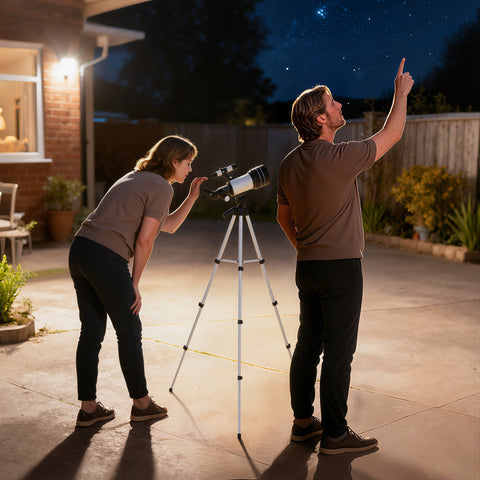 Telescópio Astronómico para Adultos e Principiantes Abertura de 70 mm 30X-300X 300 mm Portátil com Lente Barlow 3X Nível e Tripé Ajustável de Alumínio Branco e Preto