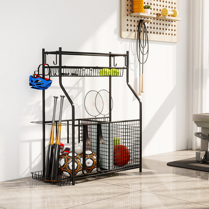 Organizador de Equipamentos Desportivos Armazenamento de Bolas para Garagem com Cesta Ganchos Removíveis e Faixas Elásticas Suporte para Bolas de Basquetebol Futebol para Casa Ginásio 92x42x109 cm Preto