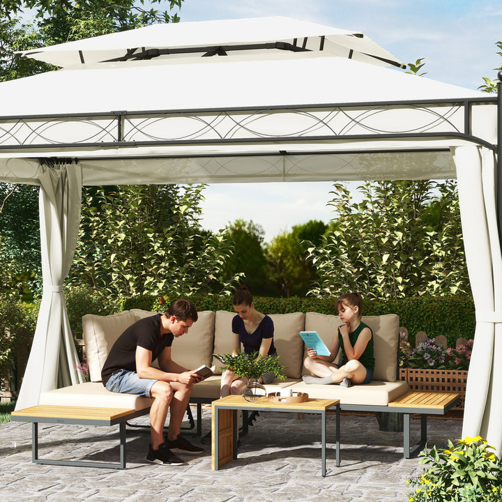 Conjunto de Móveis de Jardim Sofás de Exterior em Forma de L com 2 Sofás de 3 Lugares Assento Ajustável e Mesa de Madeira de Acácia Versátil com Almofadas Bege e Cinza