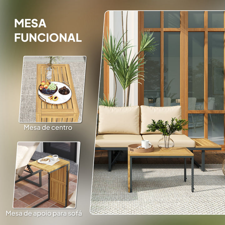 Conjunto de Móveis de Jardim Sofás de Exterior em Forma de L com 2 Sofás de 3 Lugares Assento Ajustável e Mesa de Madeira de Acácia Versátil com Almofadas Bege e Cinza