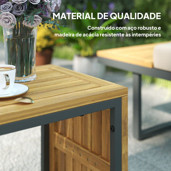 Conjunto de Móveis de Jardim Sofás de Exterior em Forma de L com 2 Sofás de 3 Lugares Assento Ajustável e Mesa de Madeira de Acácia Versátil com Almofadas Bege e Cinza