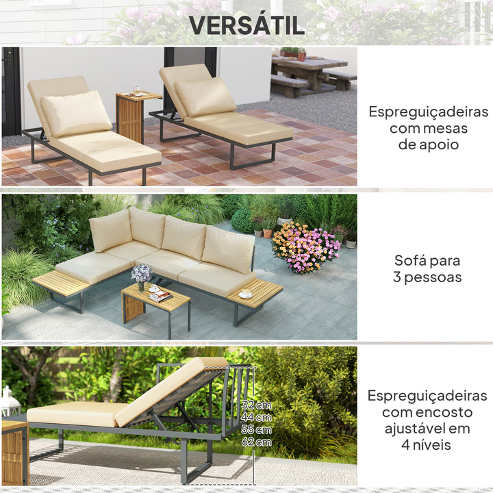 Conjunto de Móveis de Jardim Sofás de Exterior em Forma de L com 2 Sofás de 3 Lugares Assento Ajustável e Mesa de Madeira de Acácia Versátil com Almofadas Bege e Cinza