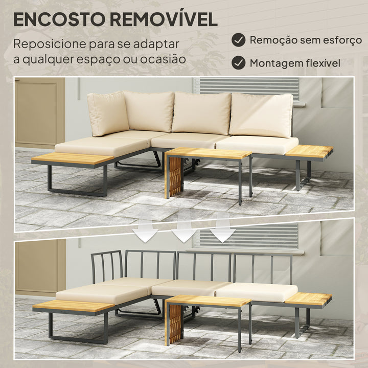 Conjunto de Móveis de Jardim Sofás de Exterior em Forma de L com 2 Sofás de 3 Lugares Assento Ajustável e Mesa de Madeira de Acácia Versátil com Almofadas Bege e Cinza